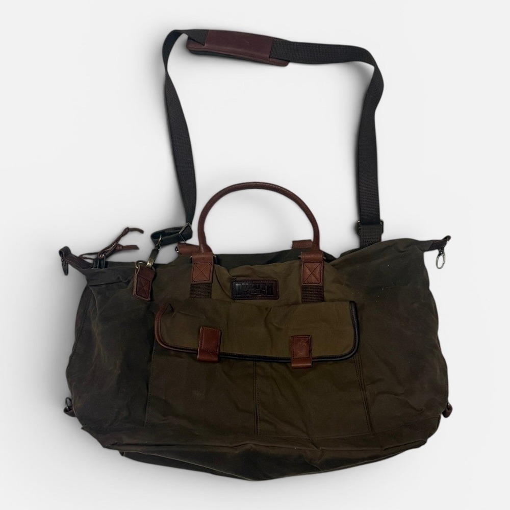 Duluth Trading Co Duffle Bag Waxed Canvas Leather Trim Olive Brown